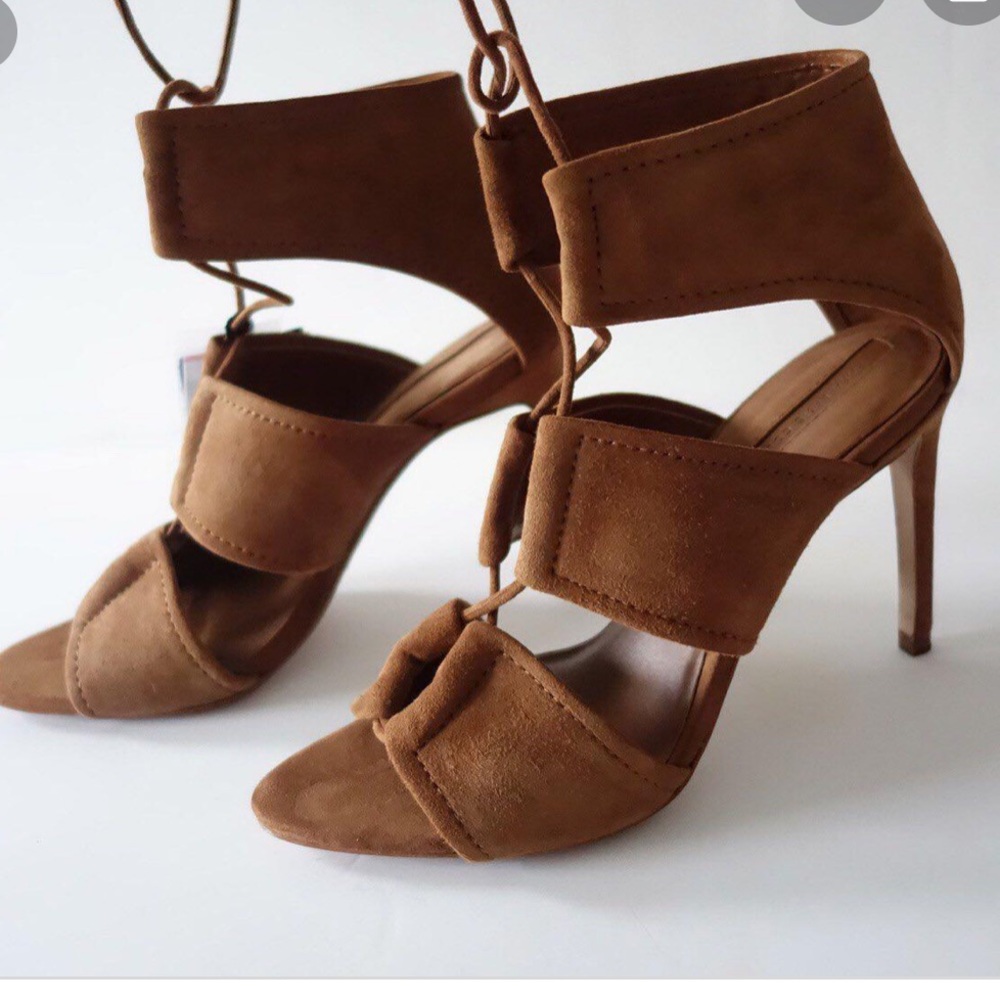 BNWOT Zara Genuine Suede Cognac Lace Up Heels, 38